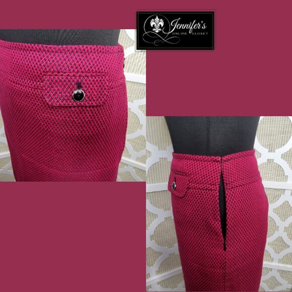 LOFT Magenta and Black Button Flap Pocket Diamond Tweed Pencil Skirt Size 10 - Picture 2 of 7